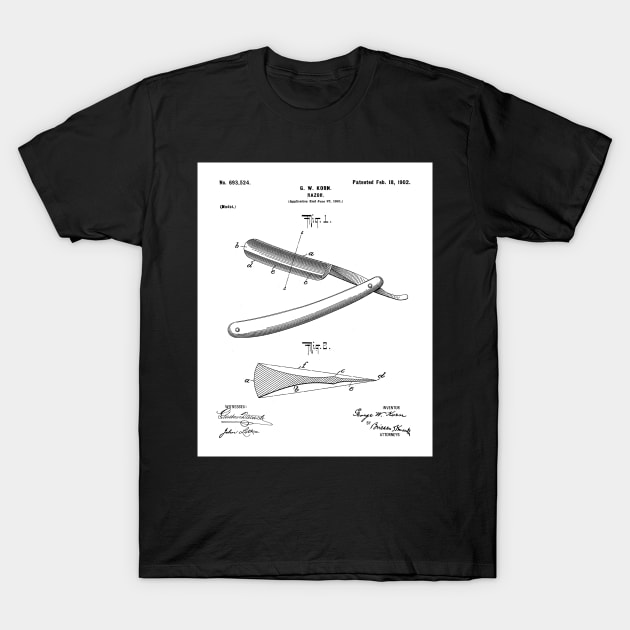 Straight Razor Patent - Stylist Barber Bathroom Decor Art - White T-Shirt by patentpress